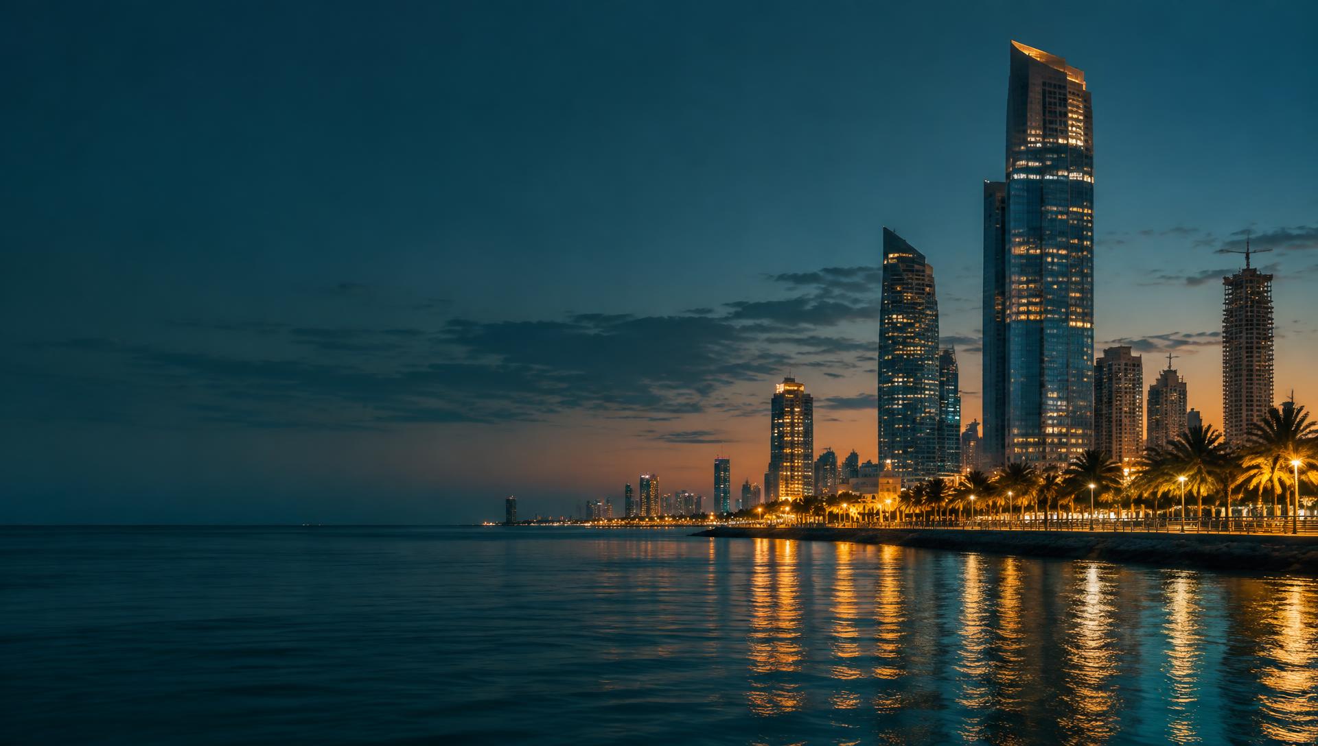 Jeddah skyline and Red Sea corniche at dusk