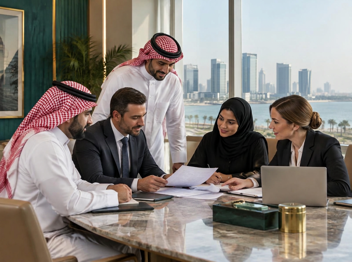 Consultants reviewing investment license documents with a client in a Jeddah office